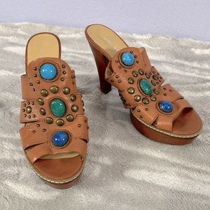 Vintage Nine West platform slip on heeled stone embellished sandals, size 8